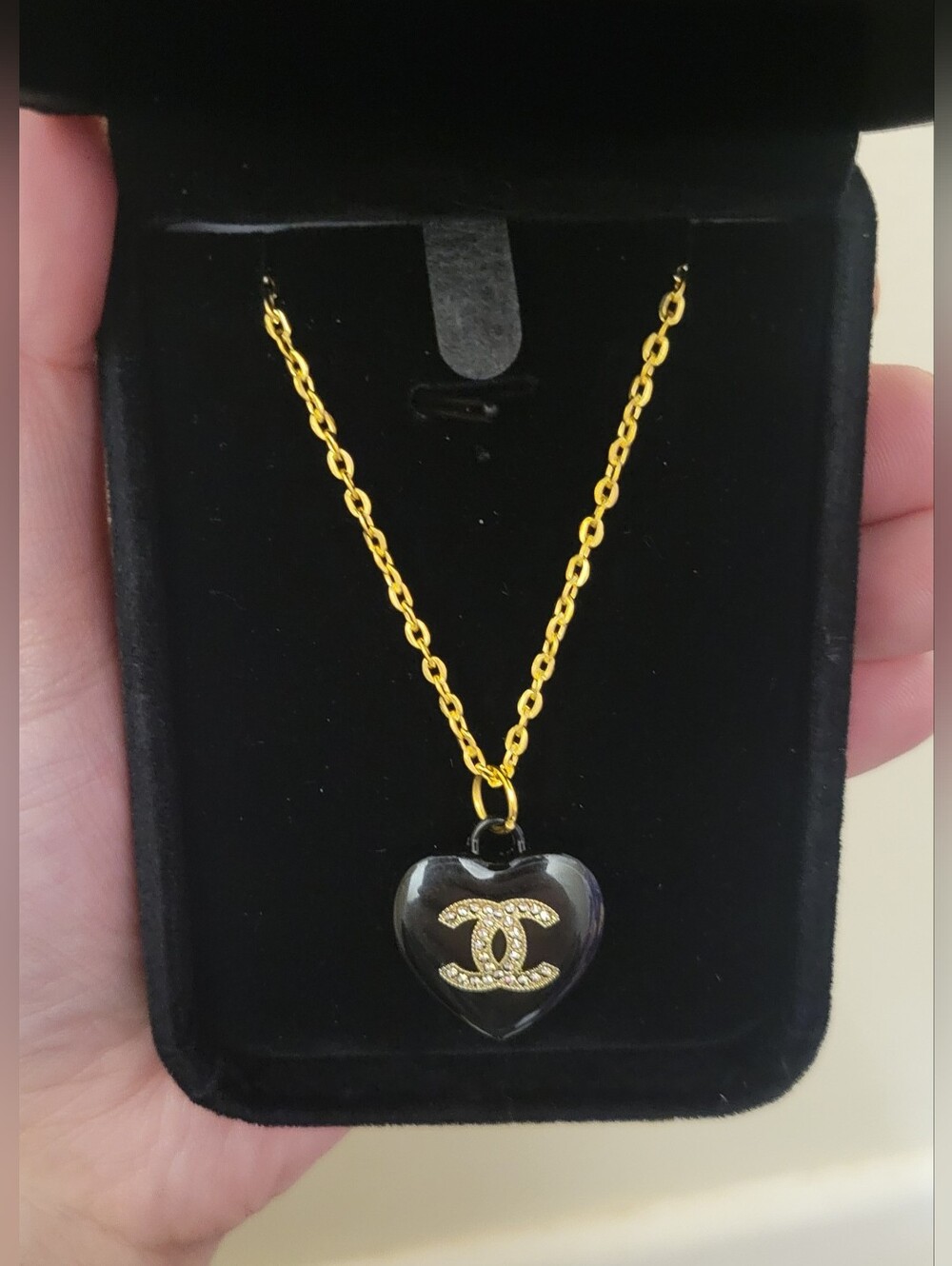 Chanel CC Black Rhinestone Heart Pendant On Unbranded Chain Necklace